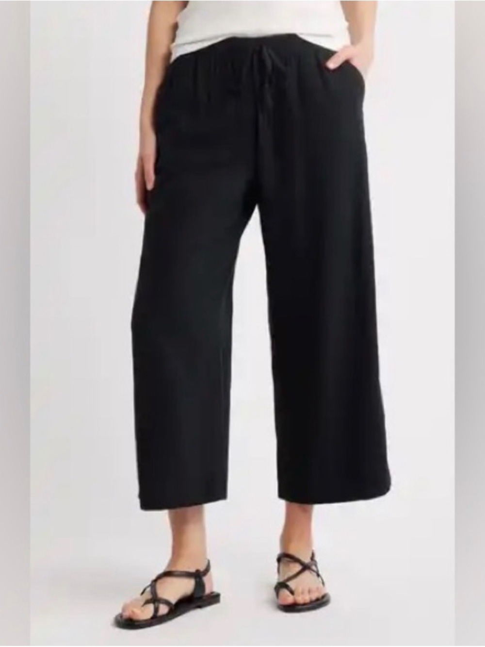 NEW DKNY Black Cropped Wide-Leg Drawstring 100% LINEN Pants